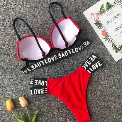 Letter Print Two-Piece Swimsuit Women Sexy Push-Up Womens Swimwear 2021 Padded Bra Beach Sexy Bikini String купальник женский