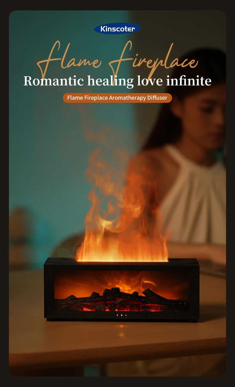 Fireplace Aroma Diffuser Creative Flame Humidifier Waterless Auto-Off Protection with Remote and Realistic Fireplace Night Light