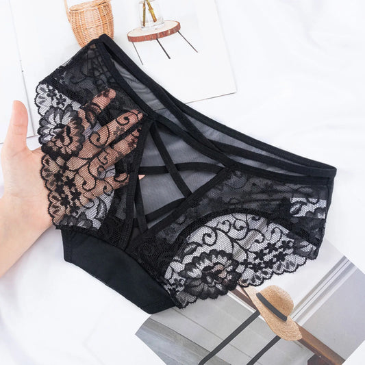 Plus Size Black Lace Hollow Out Lingerie Sexy Perspective Mid-waist Briefs Underwear Seamless Strap Breathable Panties Knicker