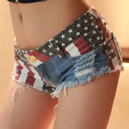 America Flag Denim Jeans Shorts Womens Plus Size Low Waist Hole Pockets Mini Shorts Pants Jeans Велосипедки Женские Dropshiping