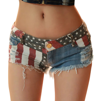 America Flag Denim Jeans Shorts Womens Plus Size Low Waist Hole Pockets Mini Shorts Pants Jeans Велосипедки Женские Dropshiping