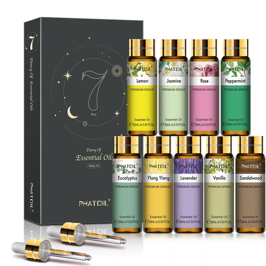 PHATOIL 9PCS Essential Oil Set For Diffuser-10ml Lavender Peppermint Eucalyptus Ylang Ylang Vanilla Rose Jasmine Aroma Oils