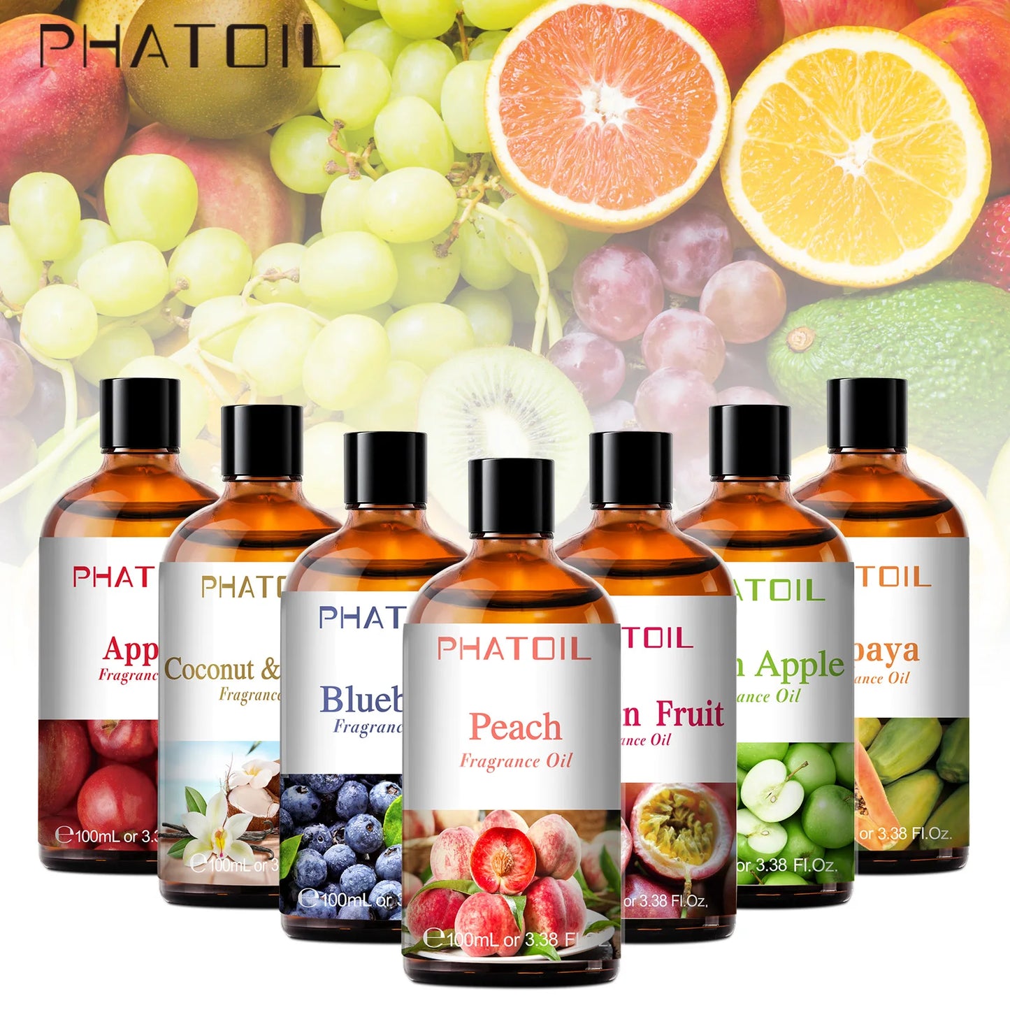 PHATOIL 100ml Sweet Fruity Fragrance Oil for Diffuser Candles Making -Coconut & Vanilla Strawberry Lemon Peach Pear Aroma Oil